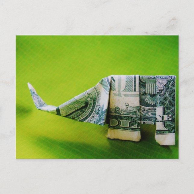Postal Elefante del origami de la factura del dólar sobre (Anverso)