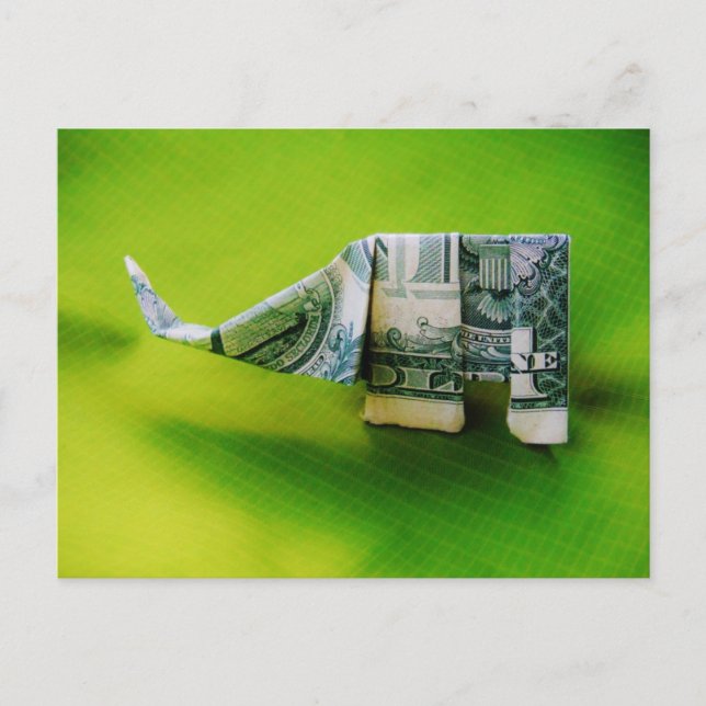 Postal Elefante del origami de la factura del dólar sobre (Anverso)