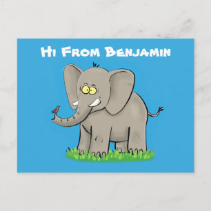 Postal Elefante divertido y lindo con pájaro en trompa ca