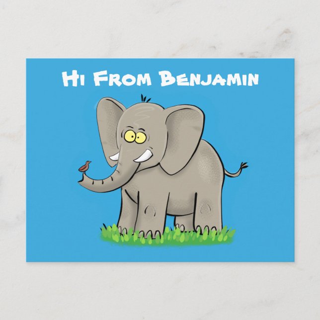 Postal Elefante divertido y lindo con pájaro en trompa ca (Anverso)