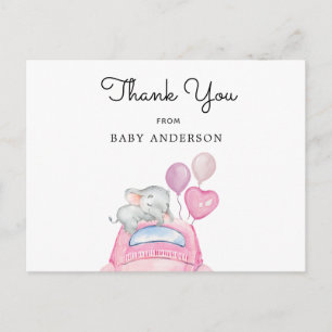 Postal Elefante en auto rosa manejado por Baby Shower