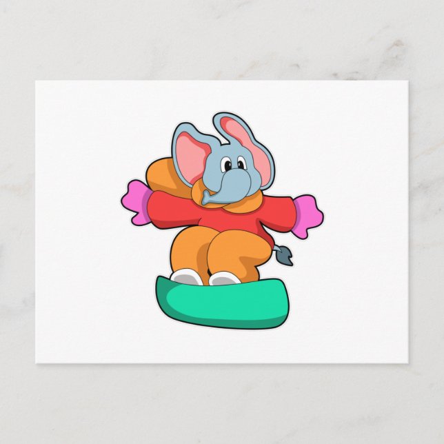 Postal Elefante en snowboarding con tabla de nieve (Anverso)