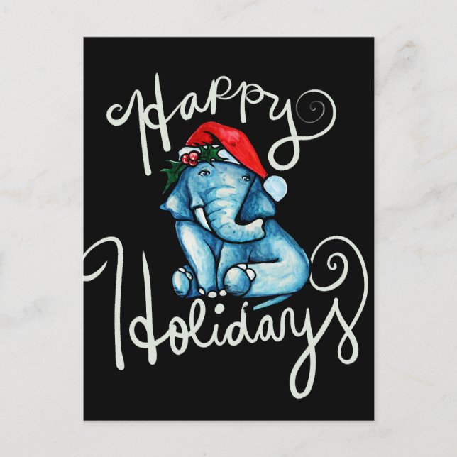 Postal Elefante Felices Fiestas Naturaleza holly yule art (Anverso)