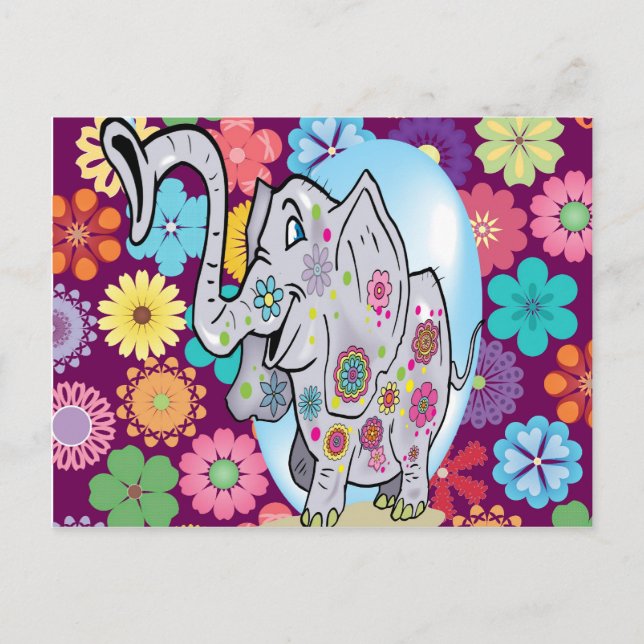 Postal Elefante hippie lindo con flores de colores (Anverso)