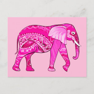 Postal Elefante indio en una maraña árabe rosa de Fuchsia