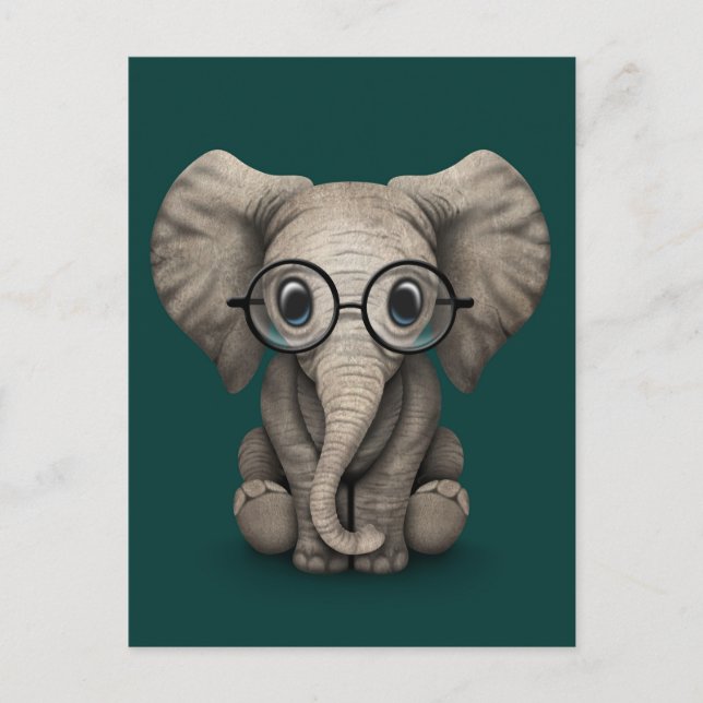 Postal Elefante lindo bebé con lentes de lectura Verde az (Anverso)