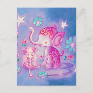 Postal Elefante Lindo Con Niña De Pelo Rosa