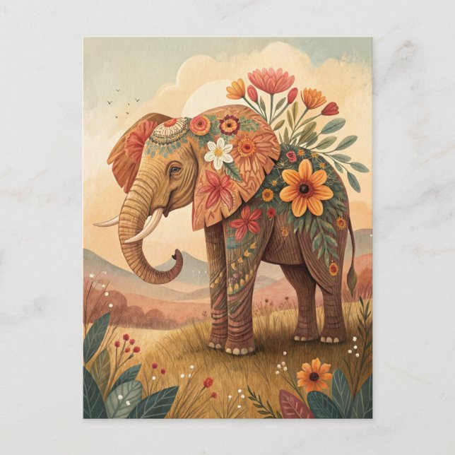 Postal Elefante lindo felicitaciones estilo arte popular (Anverso)