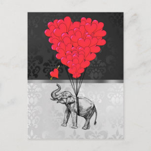 Postal elefante lindo y corazón amoroso en gris