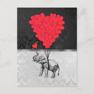 Postal elefante lindo y corazón amoroso en gris