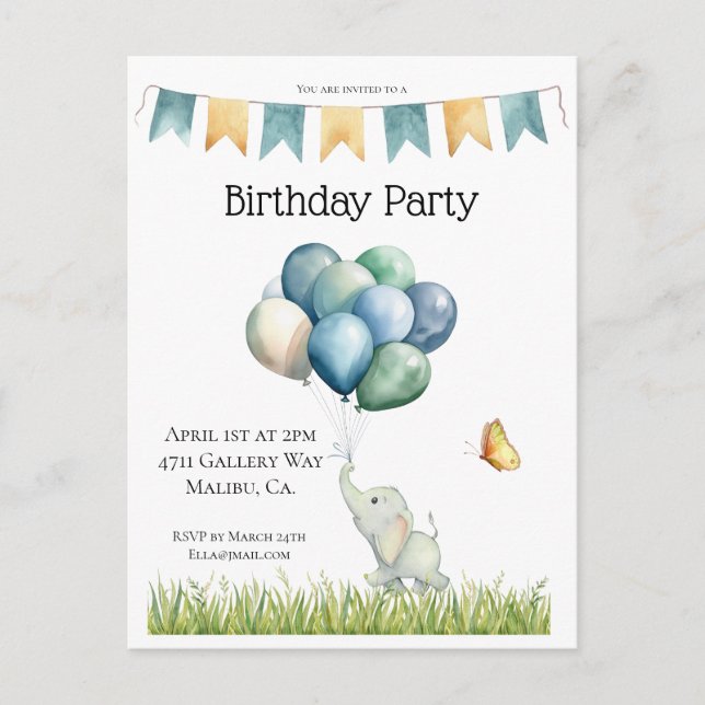 Postal Elefante lindo y globos (Anverso)