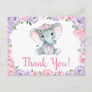 Postal Elefante morado rosa Gracias Rosas Chica Postcard