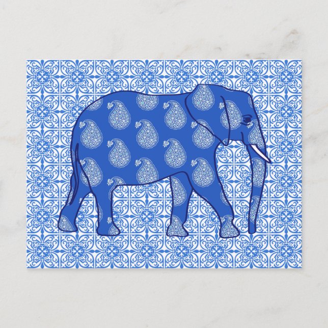Postal Elefante paisley - azul cobalto y blanco (Anverso)