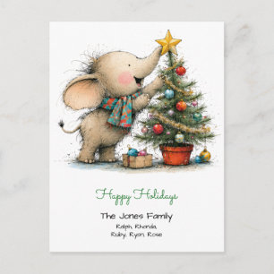 Postal Elefante Pequeño Caprichoso con Árbol de Navidad
