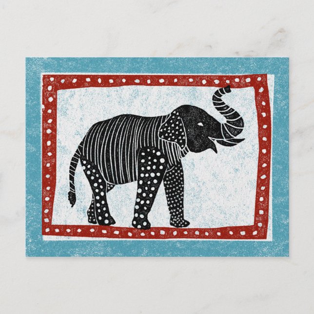 Postal Elefante Postcard Azul Rojo Blanco Negro (Anverso)