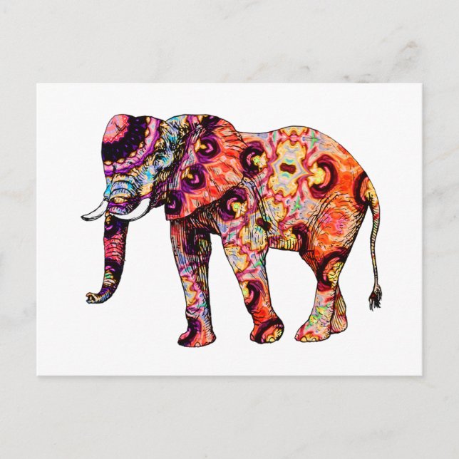 Postal Elefante psicodélico de color Art déco (Anverso)