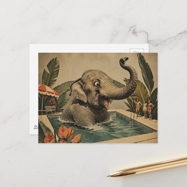 Postal Elefante retro en la piscina (Anverso/Reverso In Situ)