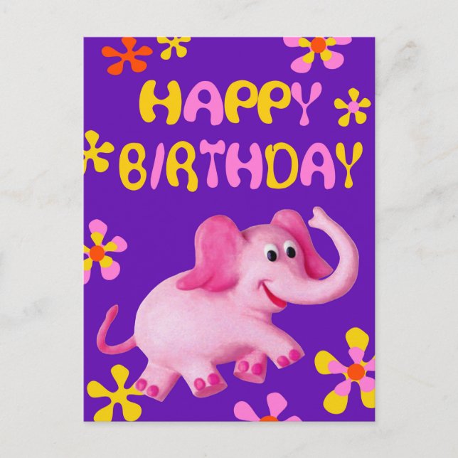 Postal Elefante Rosa Feliz cumpleaños (Anverso)