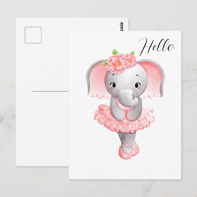 Postal Elefante rosa y gris suave Ballerina (Anverso / Reverso)