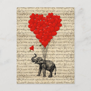 Postal Elefante y globos en forma de corazón