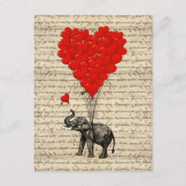 Postal Elefante y globos en forma de corazón