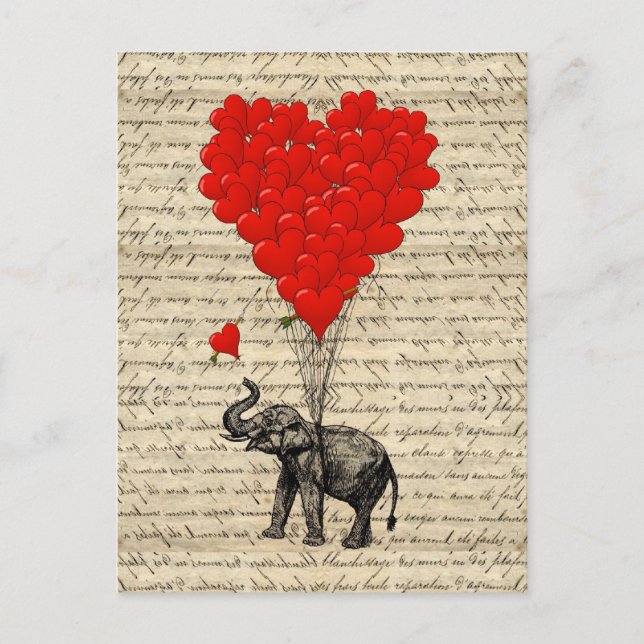 Postal Elefante y globos en forma de corazón (Anverso)