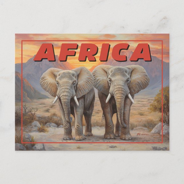 Postal Elefantes africanos de época - Vida salvaje retro (Anverso)