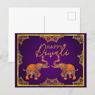 Postal Elefantes morados y dorados Feliz Diwali