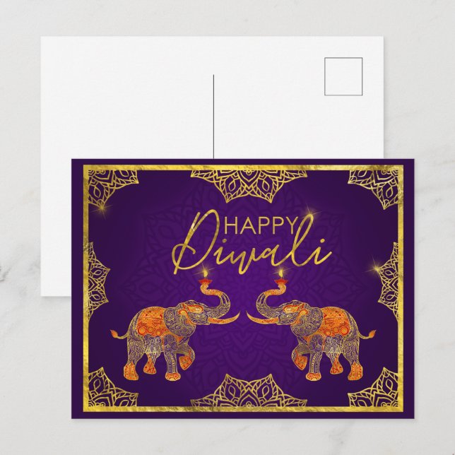 Postal Elefantes morados y dorados Feliz Diwali (Anverso / Reverso)