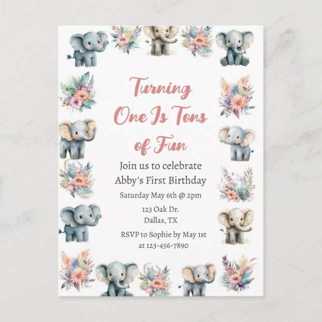 Postal Elefantes y flores de la selva boho cumpleaños (Anverso)