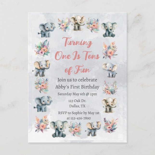 Postal Elefantes y flores de la selva boho en cumpleaños  (Anverso)