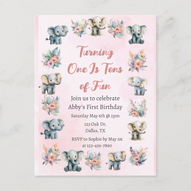 Postal Elefantes y flores de la selva boho en cumpleaños  (Anverso)