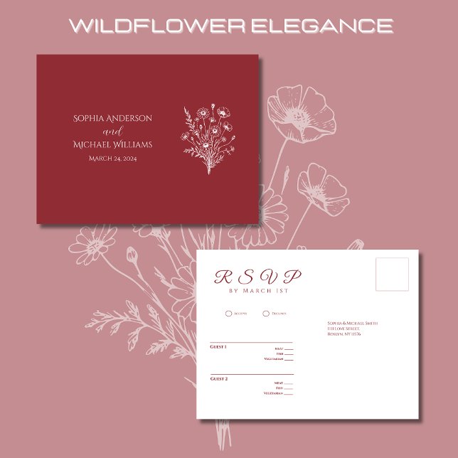 Postal Elegancia de flor silvestre-RSVP-Boda- Postcard (Wildflower Elegance Wedding RSVP Postcard-Red, Rustic, country, bohemian, elegant)