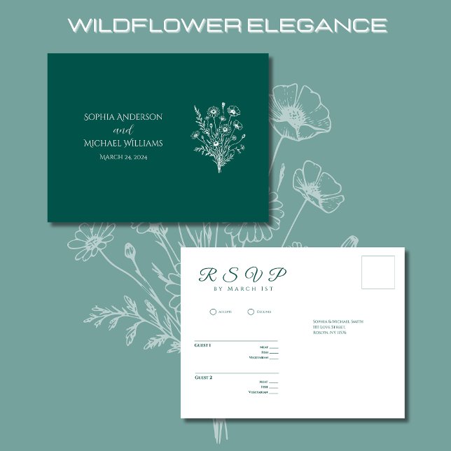 Postal Elegancia de flor silvestre-RSVP-Boda- Postcard (Wildflower Elegance Wedding RSVP Postcard-Emerald Green-Rustic, Country, Bohemian)