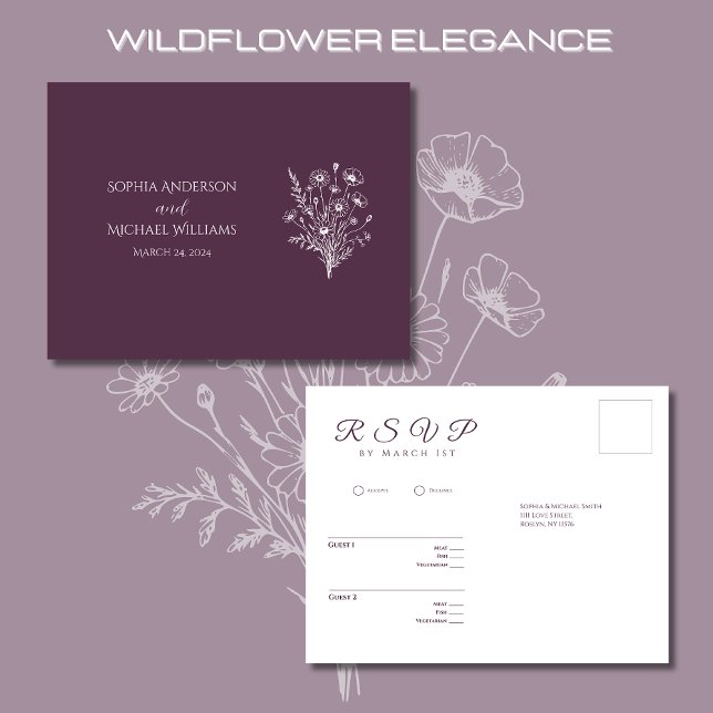 Postal Elegancia de flor silvestre-RSVP-Boda- Postcard (Wildflower Elegance Wedding RSVP Postcard-Purple-Rustic, Country-Bohemian)