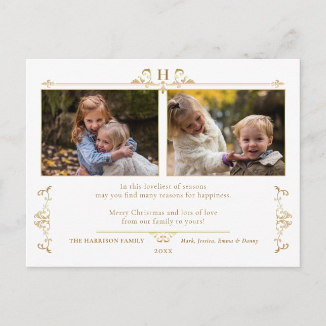 Postal Elegancia dorada formal con dos fotos (Anverso)