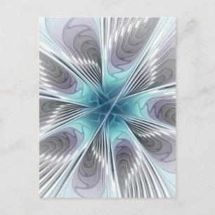 Postal Elegancia Flor de Arte Fractal Blanco Gris Azul