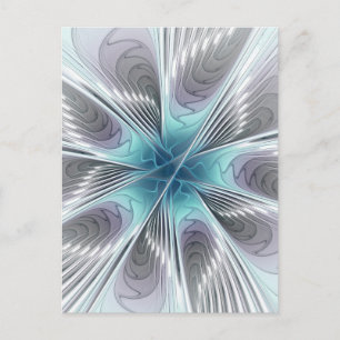 Postal Elegancia Flor de Arte Fractal Blanco Gris Azul