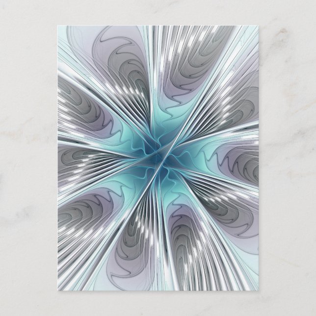 Postal Elegancia Flor de Arte Fractal Blanco Gris Azul (Anverso)