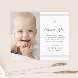 Postal Elegancia moderna Niños o Chicas Bautismo Gracias<br><div class="desc">La tarjeta clásica de agradecimiento por bautismo de rayas es una postal moderna y limpia con franjas grises suaves y una cruz con foto en el frente. La parte trasera es una postal que se puede enviar por correo. El tipo de personalizable gris le permite cambiar toda la información de...</div>