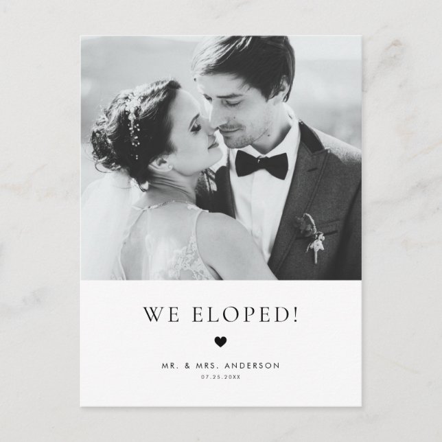 Postal Elegancia moderna Tipografía negra Boda Elopement (Anverso)