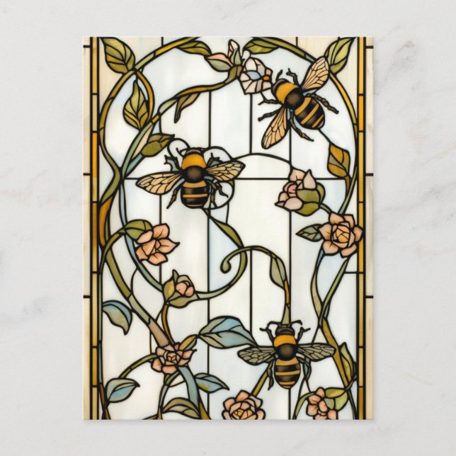 Postal Elegant art nouveau botanical  bee stain glass (Anverso)