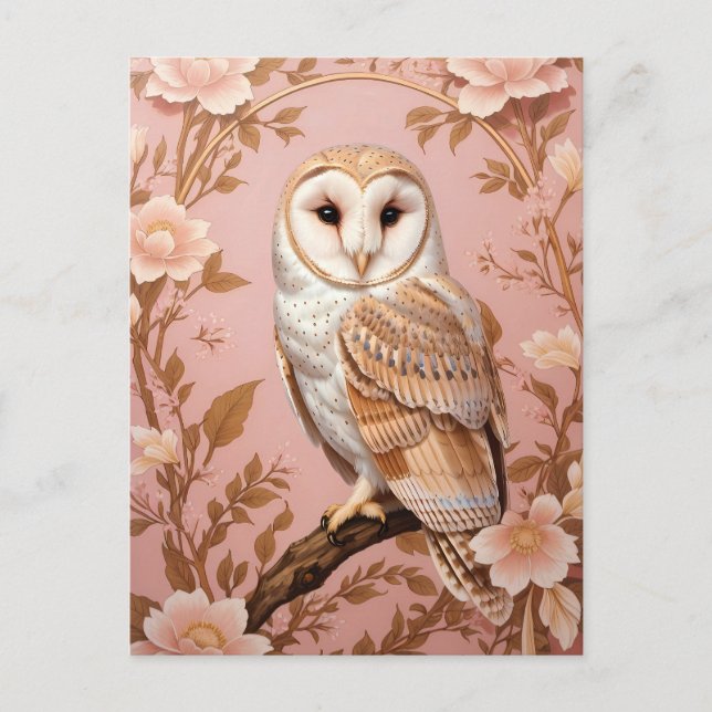 Postal Elegant Barn Owl Pink and Gold Floral  (Anverso)