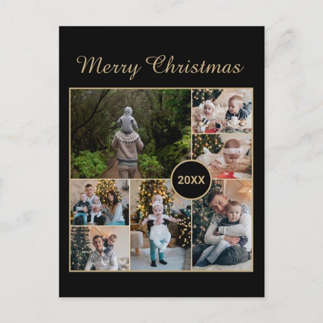 Postal Elegant Black & Gold 7 Photo Collage Christmas (Anverso)