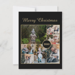 Postal Elegant Black & Gold 7 Photo Collage Christmas
