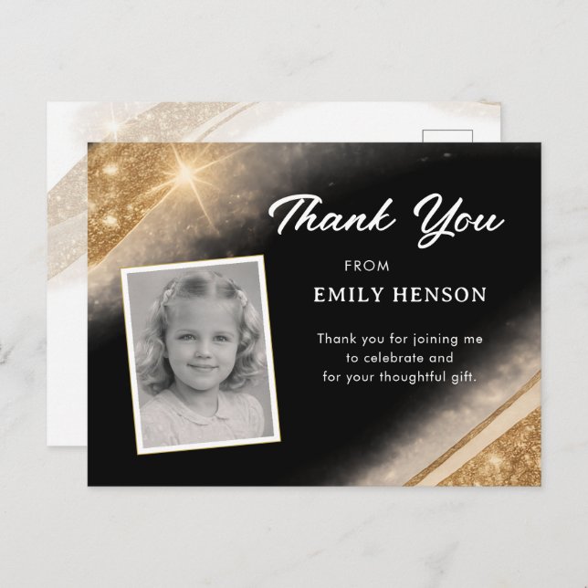Postal Elegant Black Gold Glitter Photo Birthday (Anverso / Reverso)