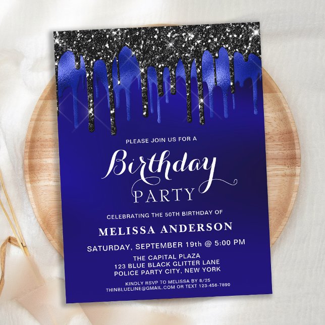 Postal Elegant Blue Black Glitter Drips Birthday Party (Subido por el creador)