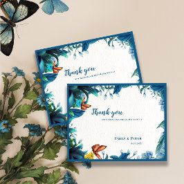 Postal Elegant Blue Botanical Butterfly Wedding Thank You