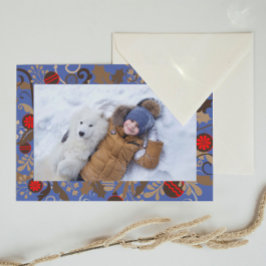Postal Elegant Blue & Brown Personalized Photo Christmas