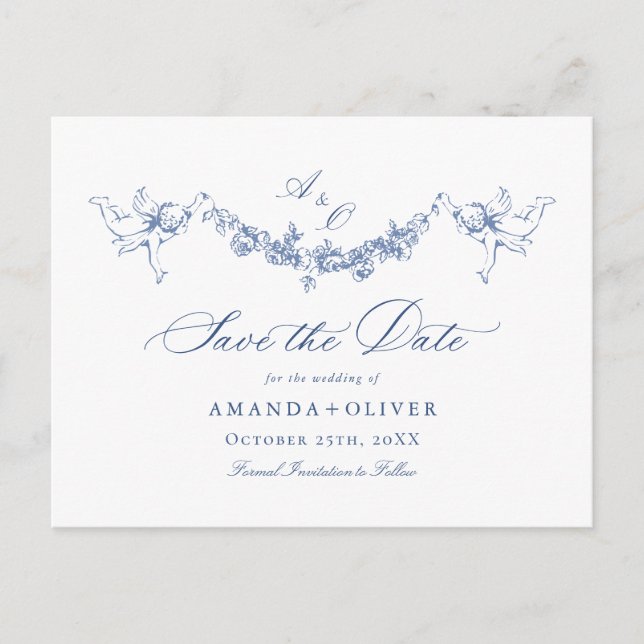 Postal Elegant Blue French Toile de Boda Save the Date (Anverso)
